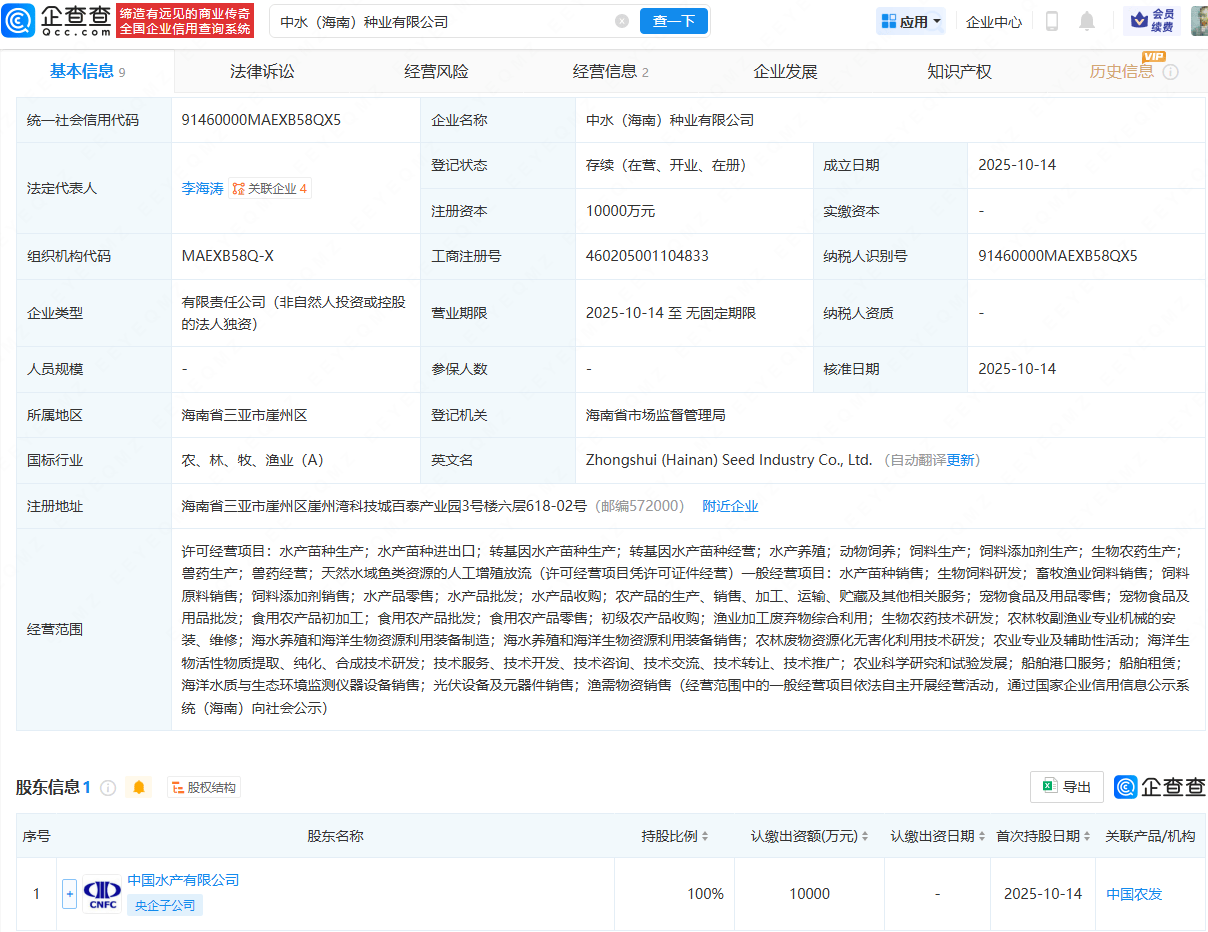 中國(guó)水產(chǎn)在海南成立新公司，含水產(chǎn)養(yǎng)殖業(yè)務(wù)